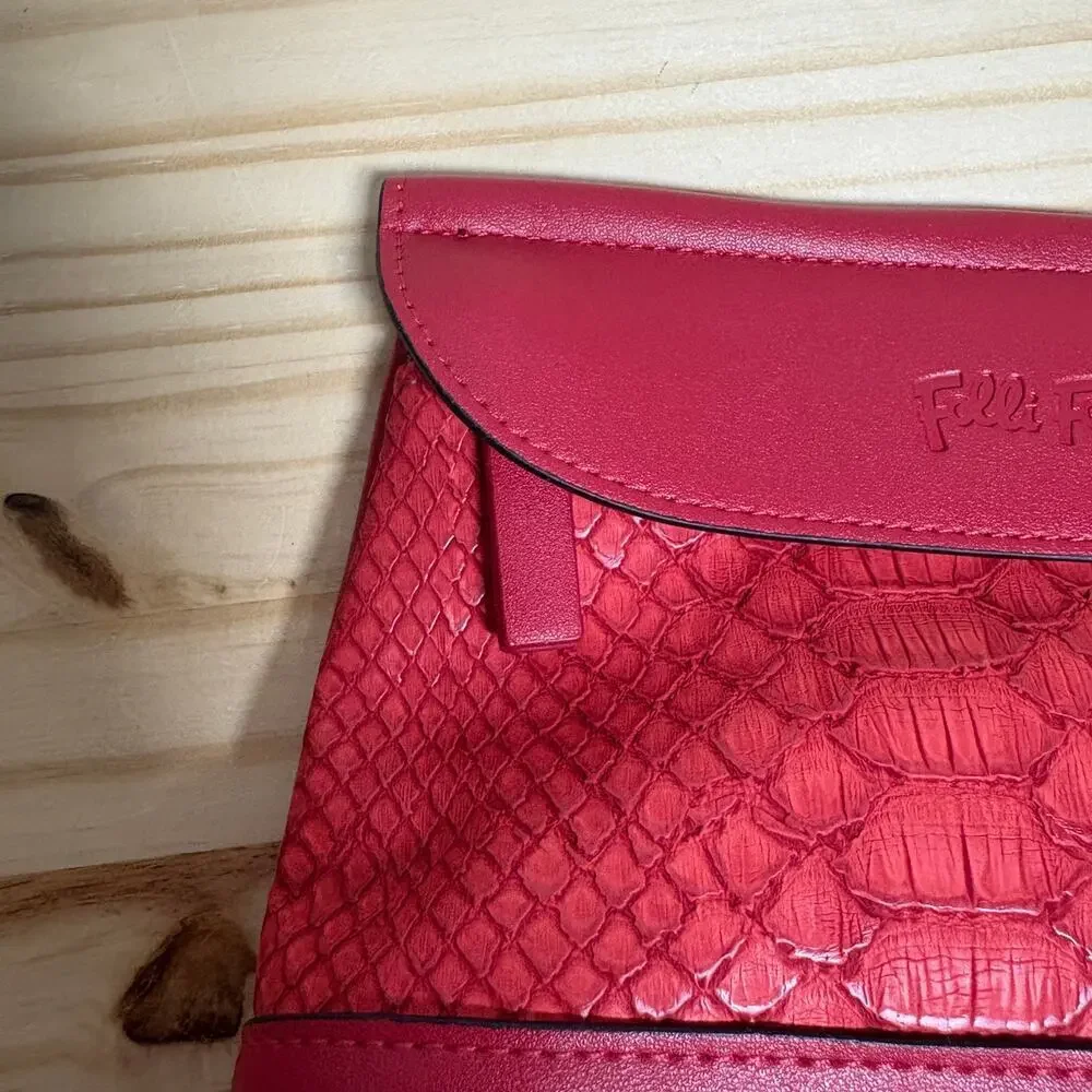Folli Follie Womens Faux Leather Small Cosmetic Case Pouch Red Zipper Snake Skin